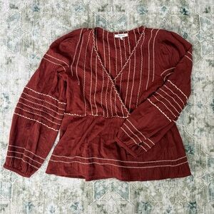 Madewell Rusted burgundy embroidered faux wrap top size small